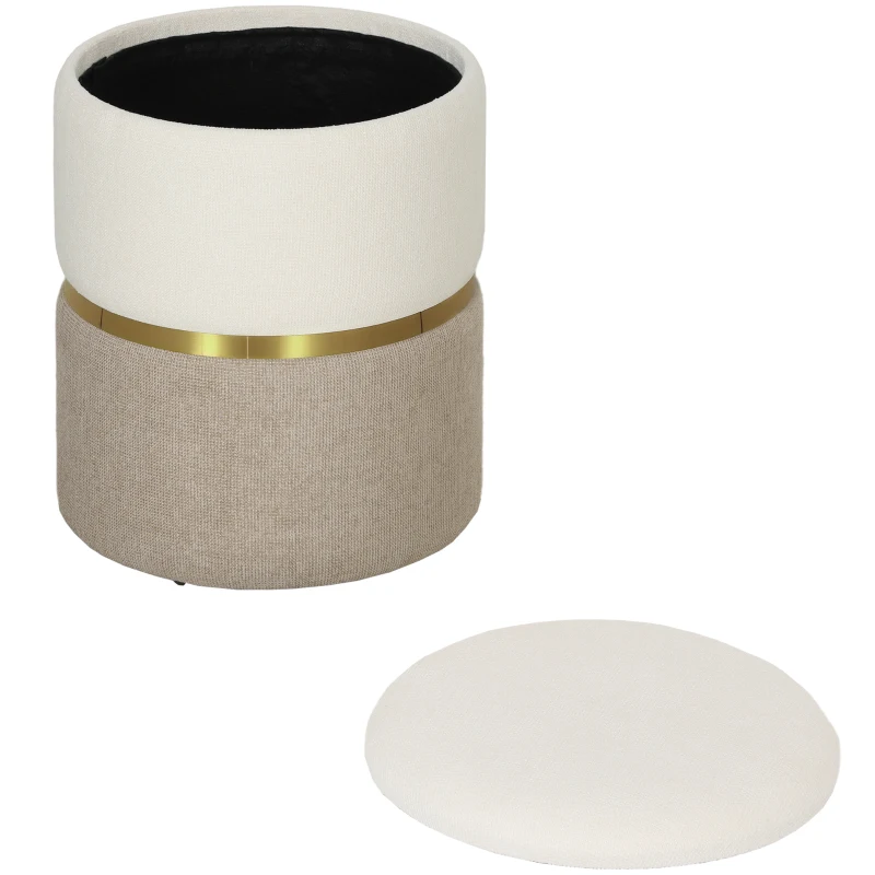 HOMCOM 36cm Round Storage Ottoman, Upholstered Chenille Footstool with Removable Lid, Vanity Stool for Living Room, Bedroom, Cream