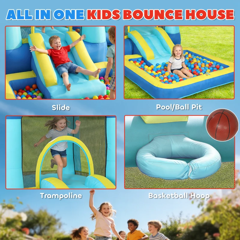 AIYAPLAY Dmuchana zjeżdżalnia z dmuchawą, centrum zabaw z trampoliną, basenem/kulkowym placem zabaw, pistoletem na wodę, 364x173x182 cm, niebieska
