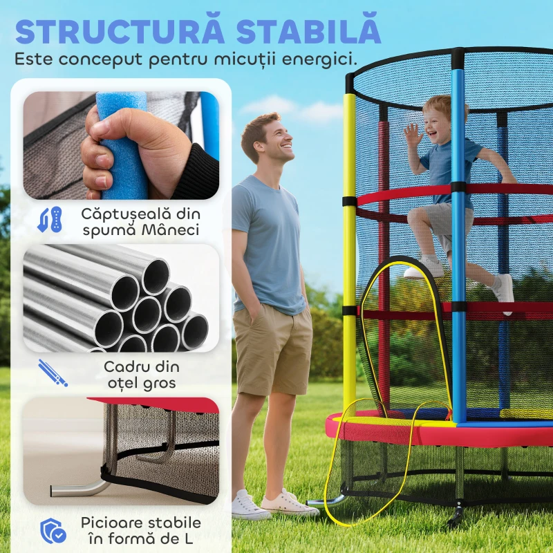 HOMCOM Trambulină pentru Copii 3-6 Ani cu Plasă de Siguranță, fără Arcuri, Ø160x190 cm, Multicoloră