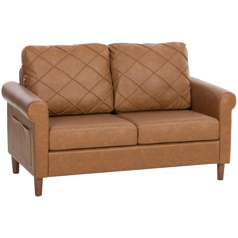 HOMCOM Sofá de 2 Lugares de PU com Pés de Madeira Encosto com Costuras Sofá Moderno para Sala de Estar Quarto Castanho