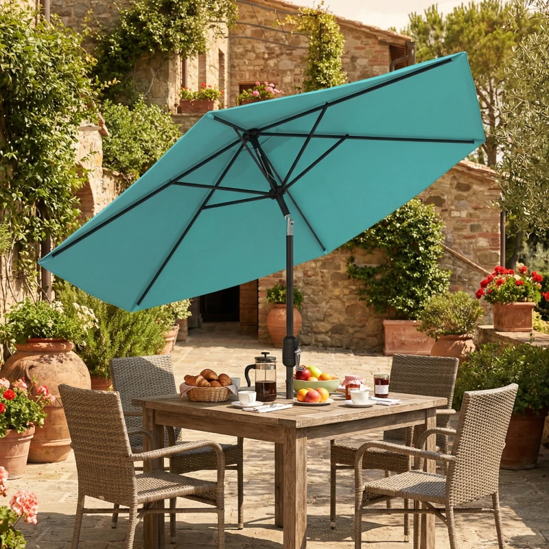 Outsunny 2.6 m Garden Parasol Umbrella with Aluminium Pole, Outdoor Patio Umbrella with Tilt and Crank, Vent, Turquoise