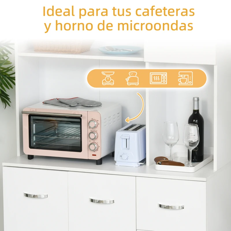 HOMCOM Armario de Cocina Moderno Mueble Auxiliar con 3 Cajones 4 Puertas y Estantes Ajustables 100x39,5x183,5 cm Blanco