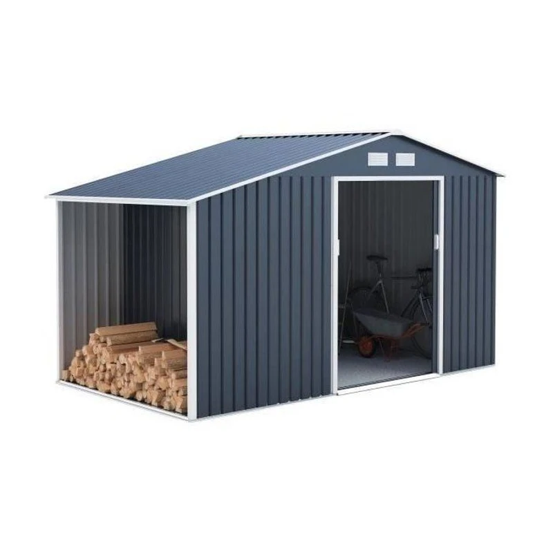 Abri de jardin en métal et abri bûches 6,53 m² - 342 x 191 x 202 cm - SOLIS - Kit d'ancrage inclus, 2 portes coulissantes - Gris