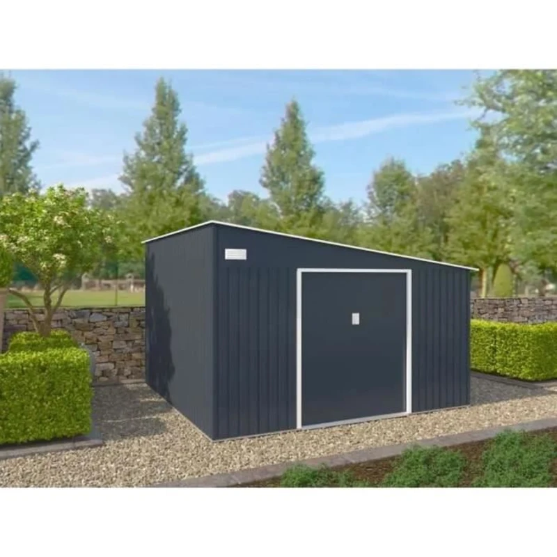 Abri de jardin en métal 11,01 m² - 342 x 321 x 162 - 210 cm - ASTRO - Kit d'ancrage inclus, 2 portes coulissantes - Gris