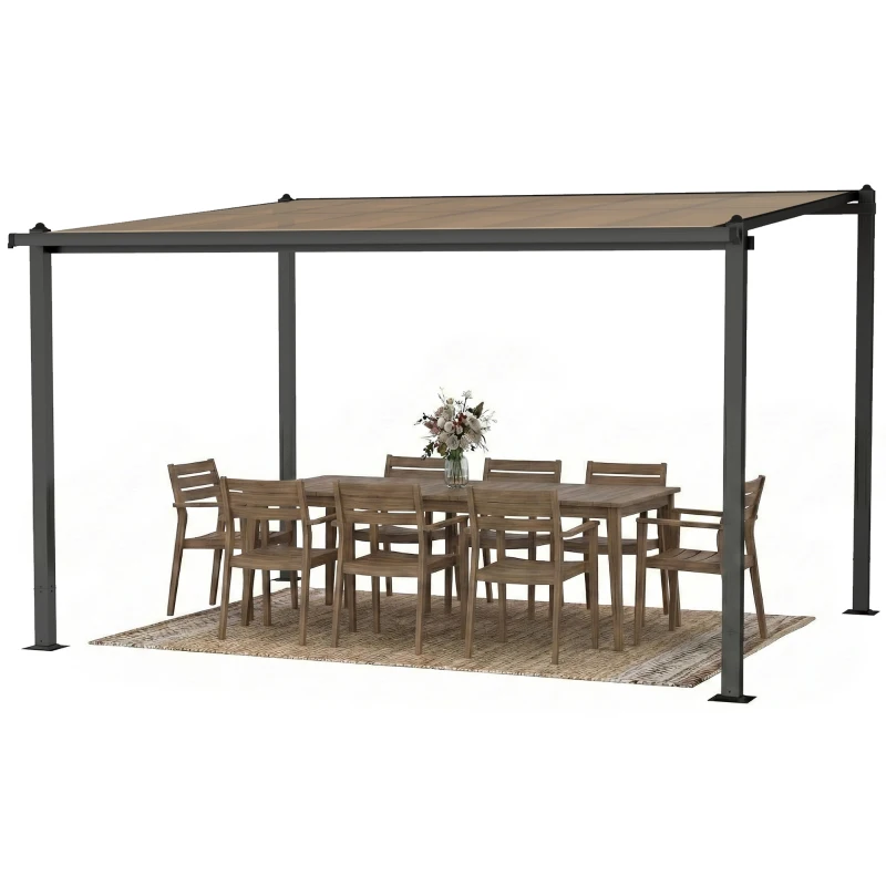 Outsunny 3.6 x 3 m Lean to Garden Pergola with PC Roof, Aluminium Frame Hardtop Gazebo Pergola with Drainage Gutters, Dark Grey