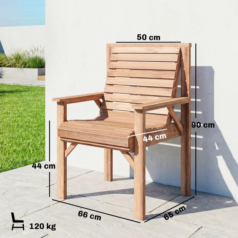 Outsunny Wooden Garden Dining Chair, Outdoor Chair Garden Armchair with Curved Seat and Wide Armrests, Natural Wood Finish