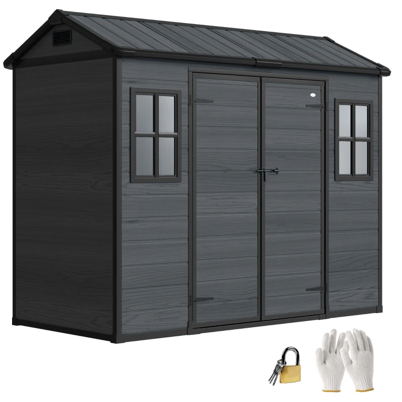 Outsunny 8 x 4 ft Resin Garden Shed, Wood-Effect Outdoor Storage Shed with Floor, Windows, Lockable Doors and Vents, Dark Grey