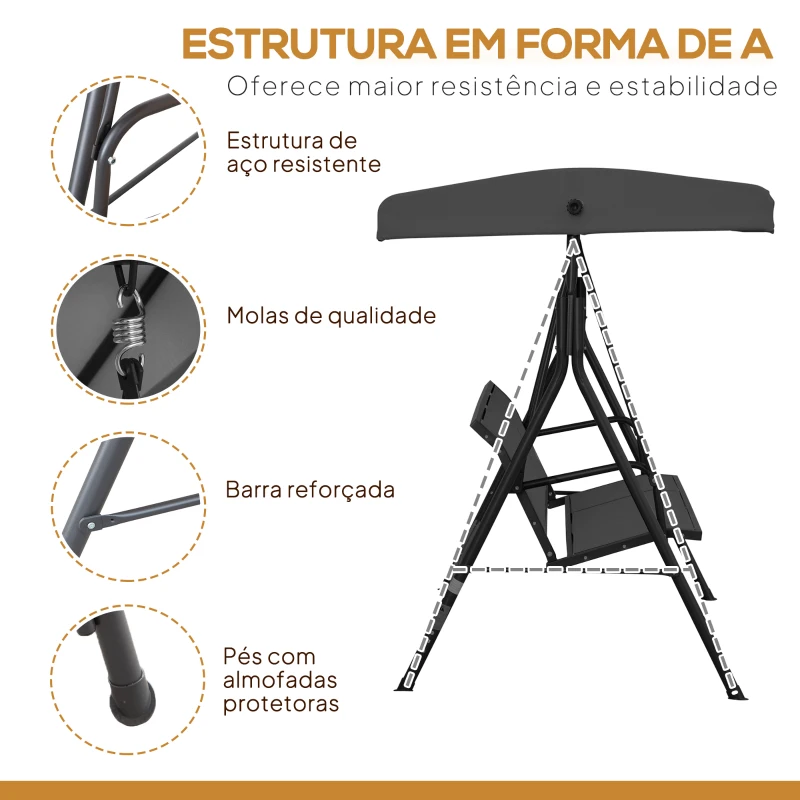 Outsunny Baloiço de Jardim Exterior de 3 Lugares com Toldo Reclinável Assento Respirável e Estrutura de Aço 175x118x159 cm Preto
