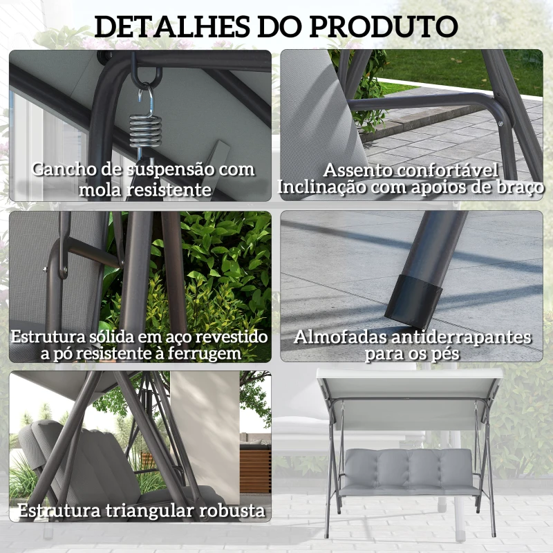 Outsunny Baloiço de Jardim Exterior de 3 Lugares com Toldo Ajustável e Estrutura em Aço 172x110x156 cm Cinzento Claro