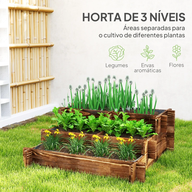 Outsunny Caixa de Plantio de Madeira de 3 Níveis com Malha Geotextil para Cultivos de Plantas Flores Exterior 93x93x35 cm Carbonizado