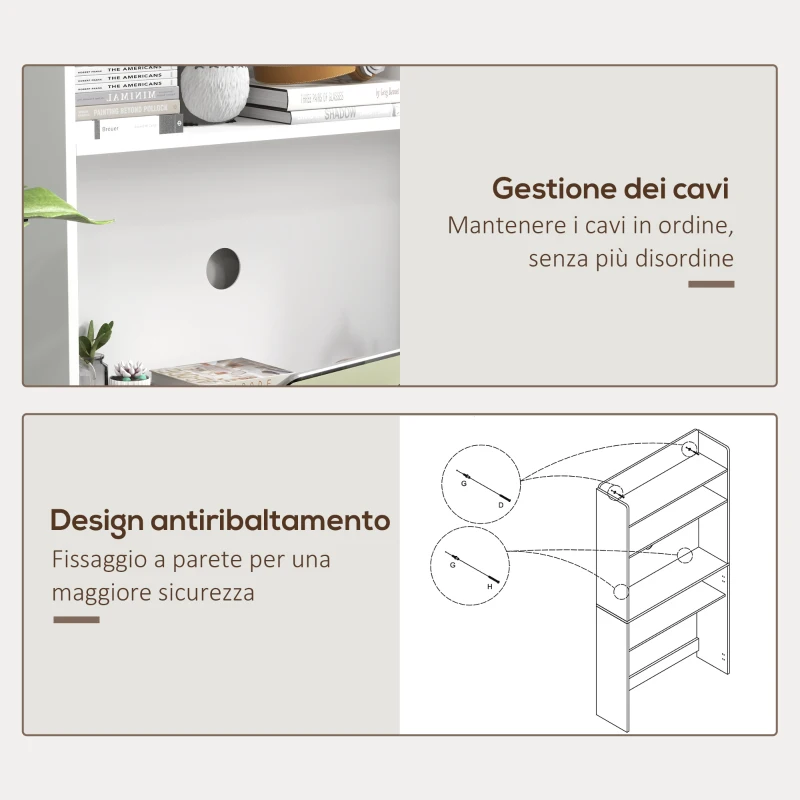 HOMCOM Scrivania Pieghevole con Libreria a 4 Ripiani, 2 Ruote e Foro Passacavi, 80x69x155 cm, Bianco