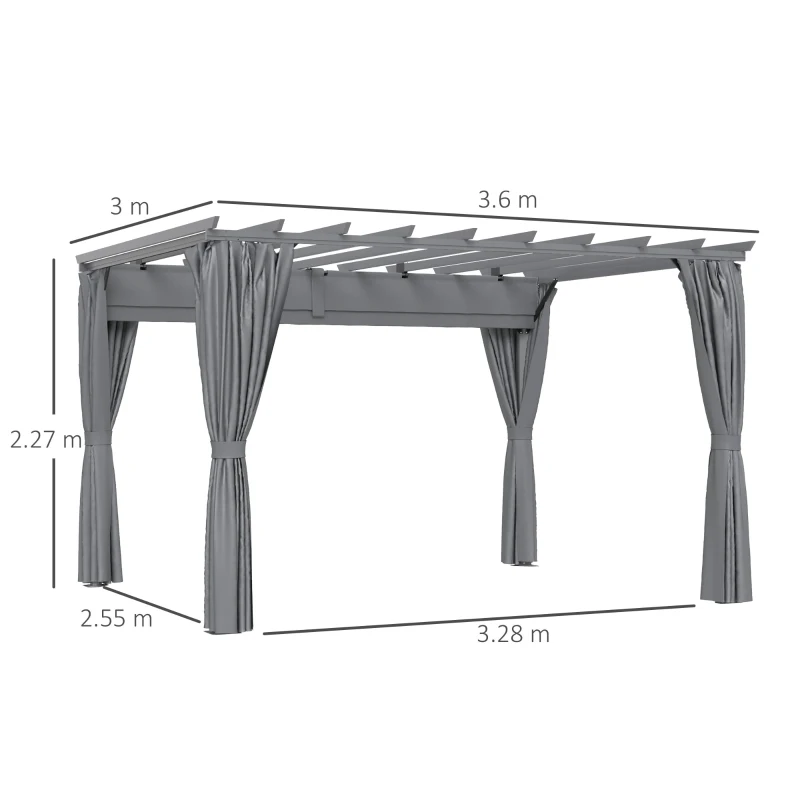 Outsunny 3.6 x 3m Outdoor Retractable Pergola with Curtains and Aluminum Frame, Garden Gazebo Canopy Sun Shade Shelter, Dark Grey