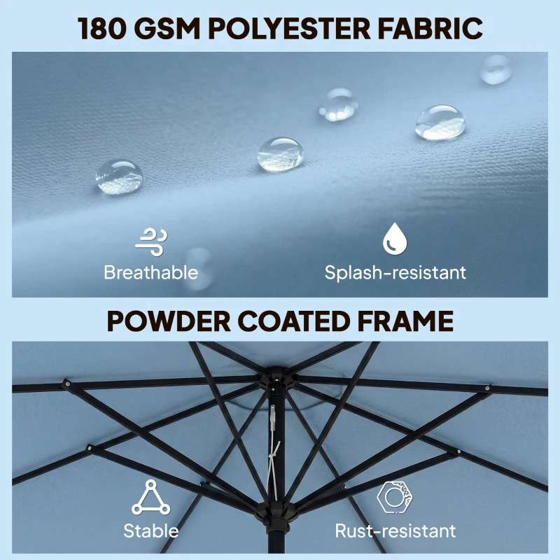 Outsunny Parasol ogrodowy okrągły balkonowy z 3-stopniową regulacją nachylenia, korbka, 8 żeber, Ø265 x 235H cm, jasnoniebieski