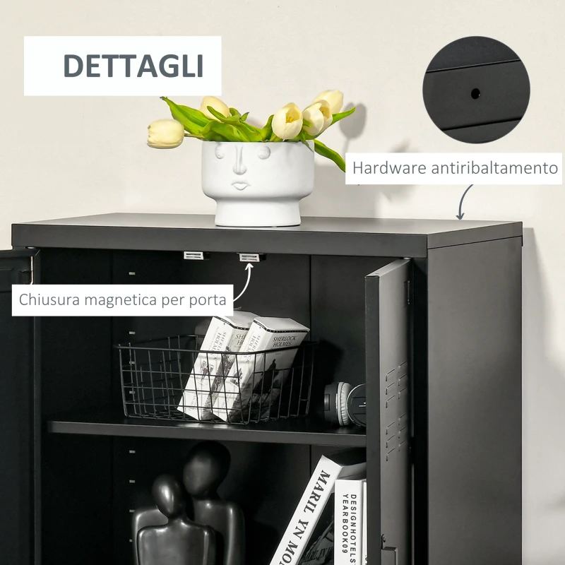 HOMCOM Armadietto Metallico a 2 Ante in Stile Industriale per Casa e Garage, 75x33x110 cm, Nero