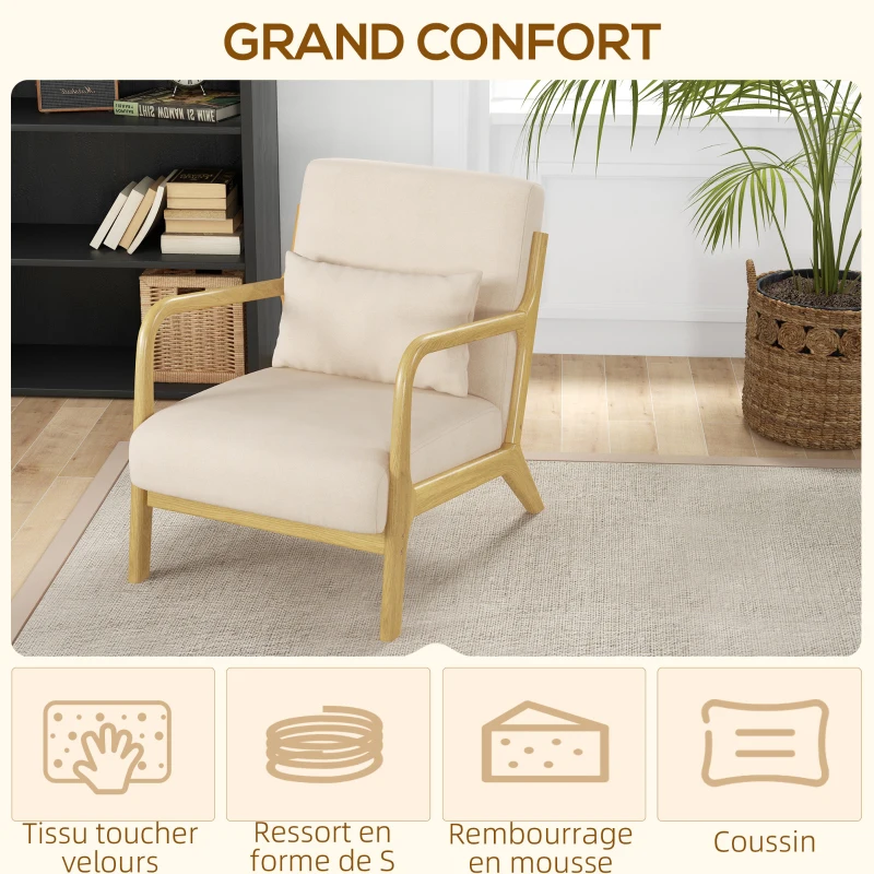 HOMCOM Fauteuil lounge - 3 coussins inclus - assise profonde - accoudoirs - structure bois hévéa - aspect velours beige