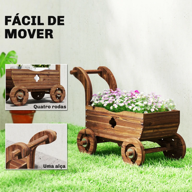Outsunny Carrinho de Madeira Decorativo Vaso Elevado com 4 Rodas Pega Orifícios de Drenagem 68x38x52 cm Carbonizado