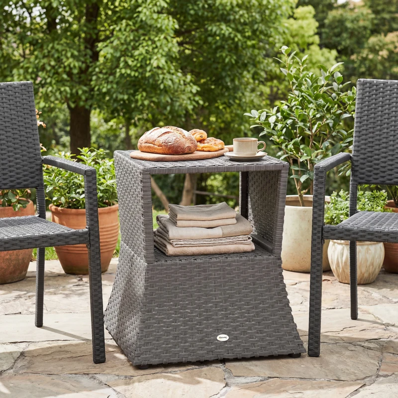 Outsunny Rattan Outdoor Coffee Table, Wicker Garden Patio Bistro Side Table with Umbrella Hole and Storage Space, Dark Grey