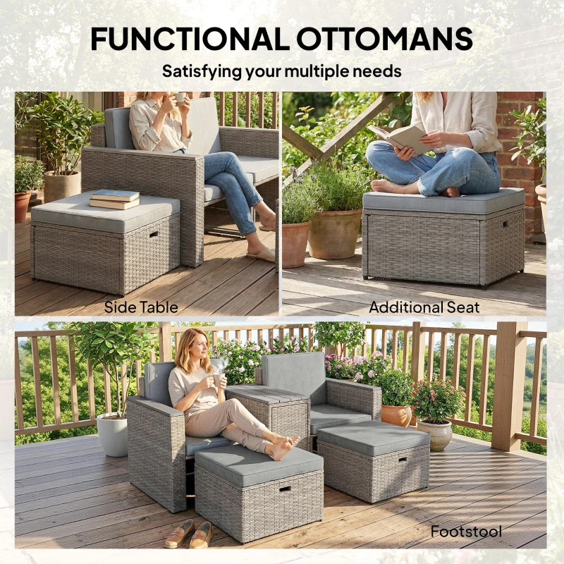 Outsunny 5 Piece Rattan Garden Furniture Set with Storage Table, Footstools, Cushions, Dark Grey