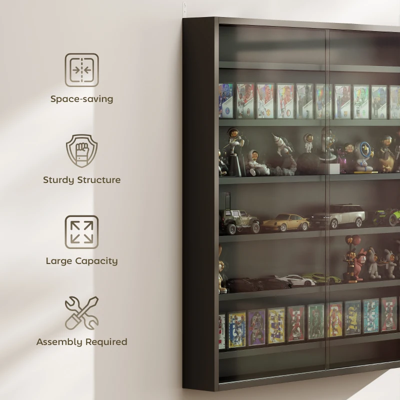 HOMCOM Six Shelf Display Cabinet, with Glass Doors - Black