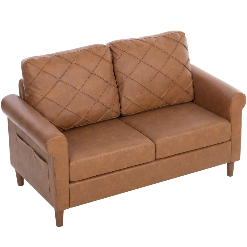 HOMCOM Sofá de 2 Plazas de PU con Patas de Madera Respaldo con Costuras Sofá Moderno para Salón Dormitorio Marrón