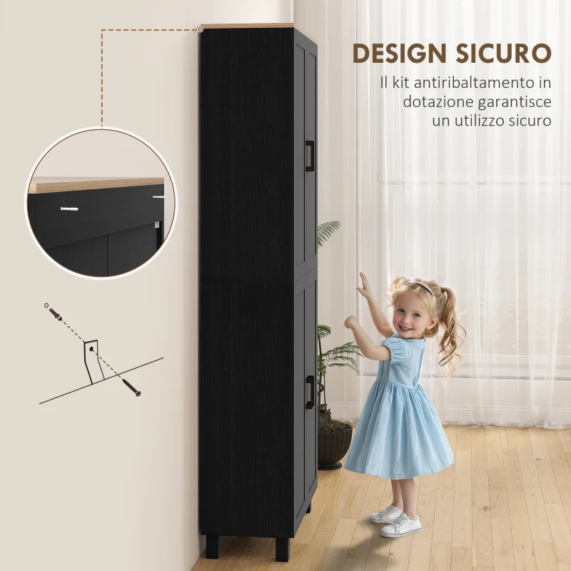 HOMCOM Mobile Dispensa da Cucina in Legno con 5 Ripiani Regolabili e 4 Ante, 60x30x170.5 cm, Nero