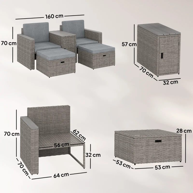 Outsunny 5 Piece Rattan Garden Furniture Set with Storage Table, Footstools, Cushions, Dark Grey
