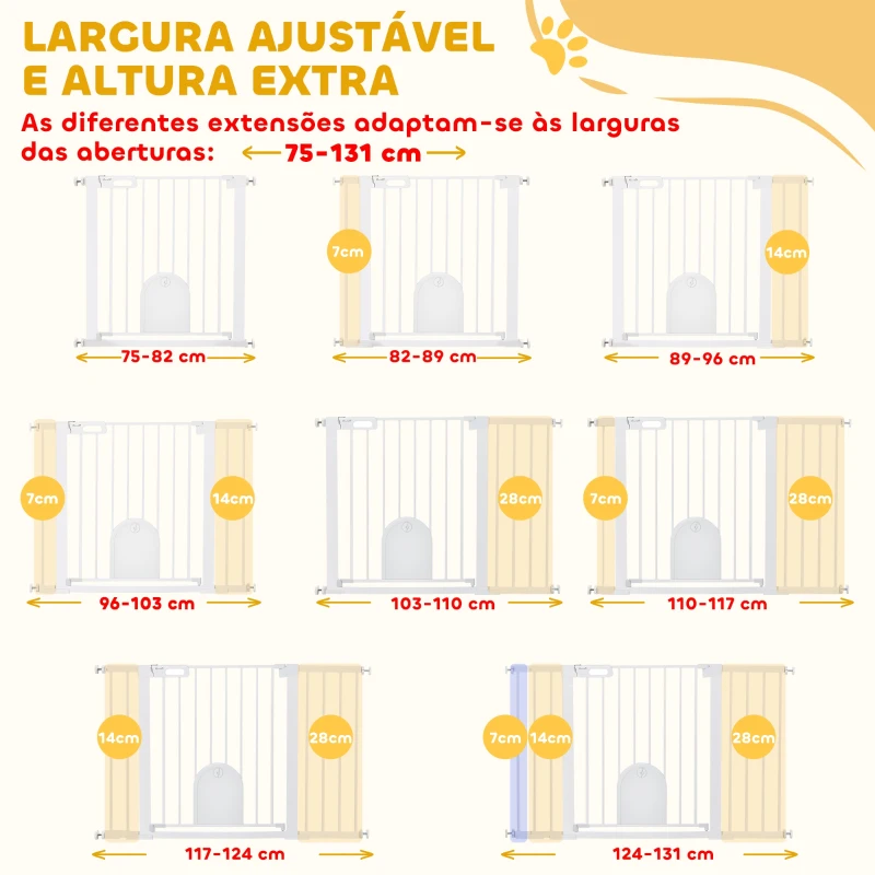 PawHut Barreira de Segurança de Animais de Estimação para Escadas e Portas com Aberturas de 75-131 cm com 3 Extensões Branco