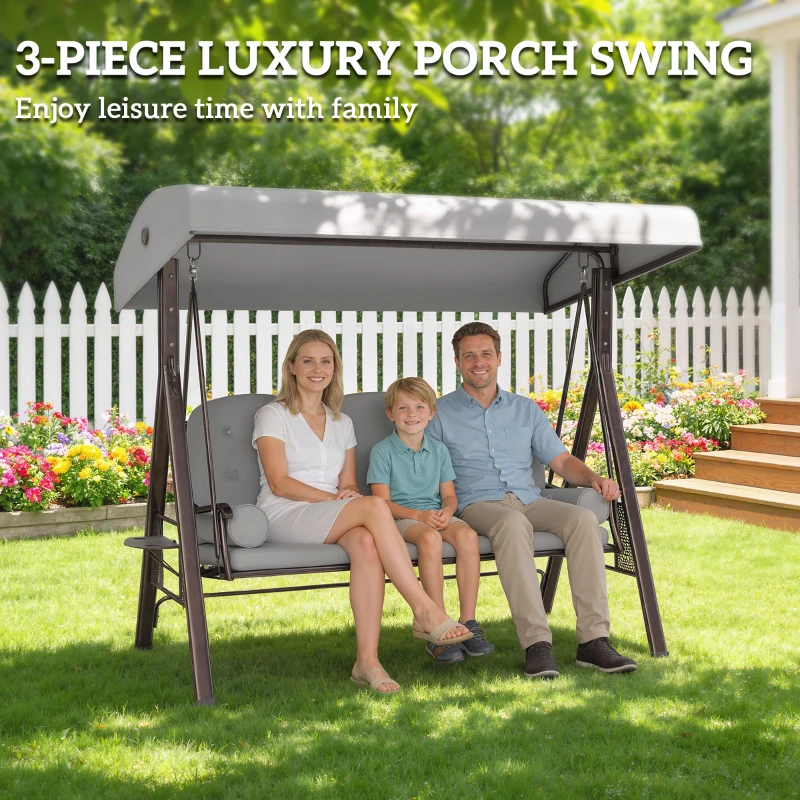 Outsunny 3 Seater Canopy Swing Chair, Outdoor Garden Swing Seat with Adjustable Canopy, Cushions and Cup Trays, Steel Frame, Light Grey