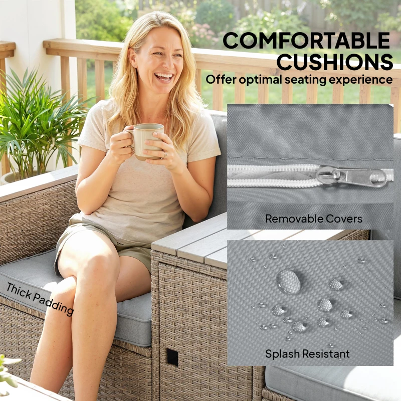 Outsunny 5 Piece Rattan Garden Furniture Set with Storage Table, Footstools, Cushions, Dark Grey