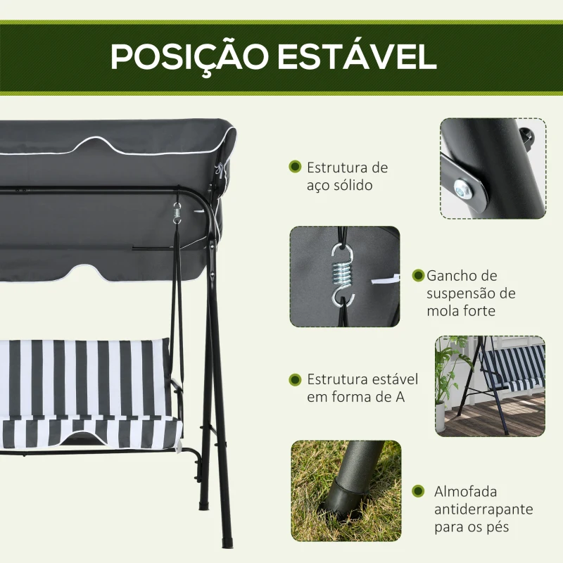 Outsunny Balanço de Jardim Exterior Baloiço de 3 Lugares com Toldo Ajustável e Estrutura de Aço 172x110x153 cm Cinzento e Branco
