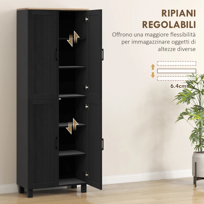 HOMCOM Mobile Dispensa da Cucina in Legno con 5 Ripiani Regolabili e 4 Ante, 60x30x170.5 cm, Nero