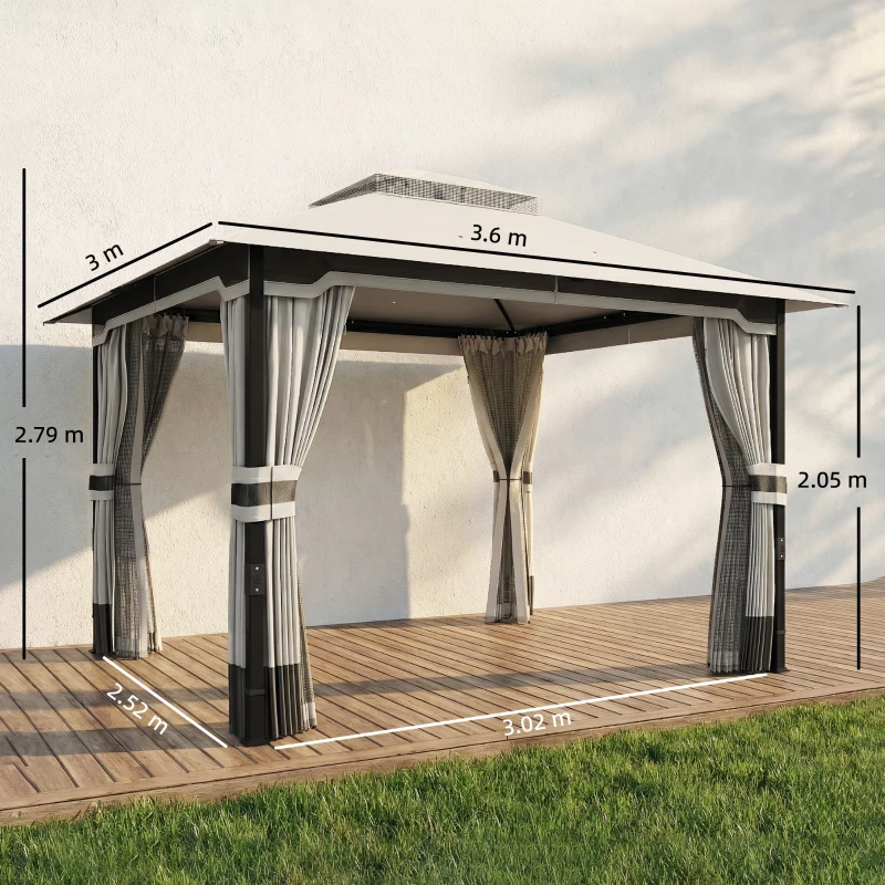 Outsunny Tenda Doppio Gazebo da Giardino con 4 Pareti e Zanzariera per Esterno Terrazza, 360x300x279 cm, Grigio Chiaro