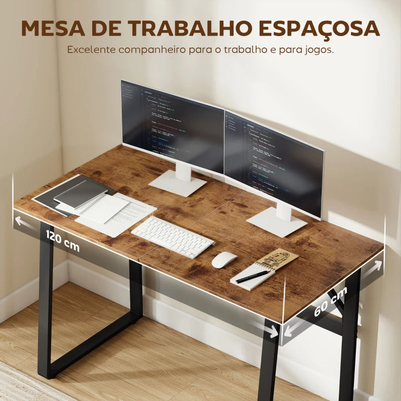 HOMCOM Secretária Estilo Industrial 120x60x76 cm Mesa de Computador com Estrutura de Aço Fácil de Montar Castanho Rústico