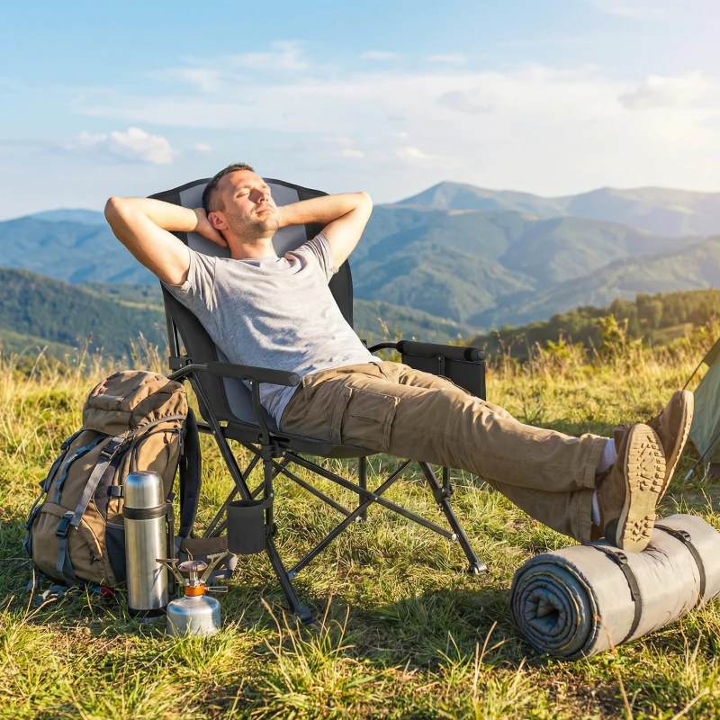 Outsunny Padded Camping Chair Adults Heavy Duty Folding Chair Side Pocket Cup Holder Carry Bag Outdoor Black