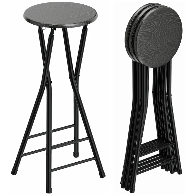 HOMCOM Set 4 Scaune de Bar Pliabile cu Suport dublu pentru Picioare, din Lemn și Oțel, 34x30x70 cm, Negru