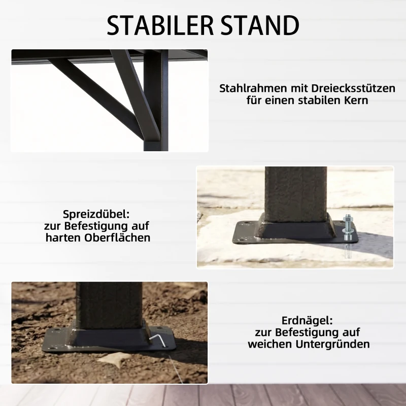 Outsunny Paviljoen 3,8x3m waterafstotend stabiel winterbestendig tuinpaviljoen met dubbel dak gordijnen muggennet haken donkergrijs