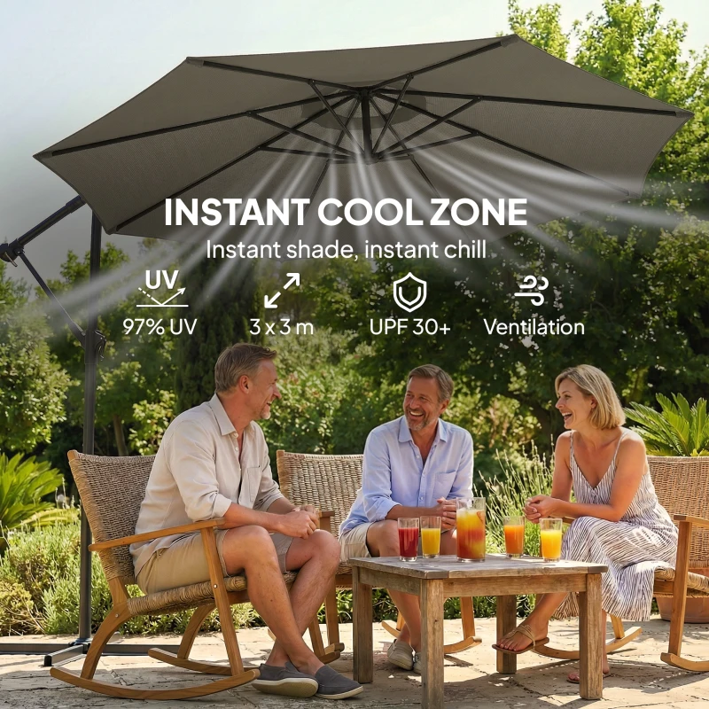 Outsunny 3 m Garden Cantilever Parasol with Cover, Round Overhanging Umbrella with 360° Rotation, Tilt, Grey