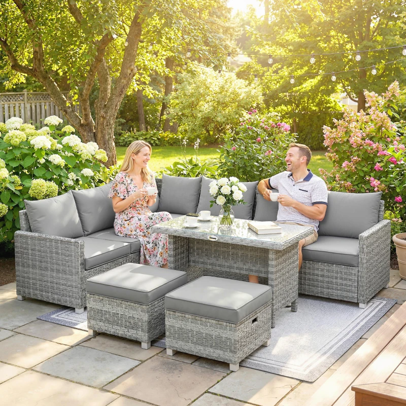 Outsunny 6 Seater Rattan Garden Furniture Set with 3 Sofas, 2 Footstools, Table, Patio Rattan Furniture Sofa Sets, Grey