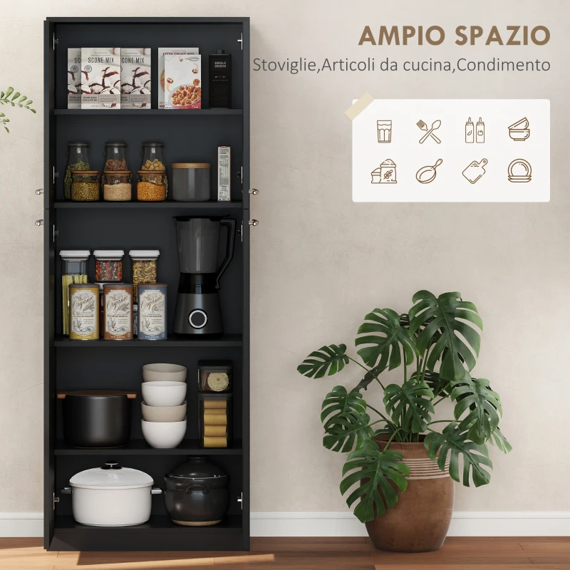HOMCOM Mobile Contenitore Minimal con 2 Armadietti e Mensole Regolabili, in Legno Nero, 59x31x155 cm
