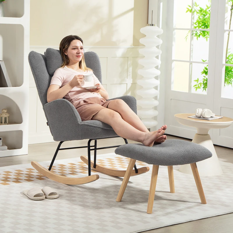 HOMCOM Rocking Chair with Footstool, Sherpa Fleece Armchair with Wooden Legs and Pillow, High Backrest Lounge Chair for Adults, Nursery, Living Room, Bedroom, Charcoal Grey