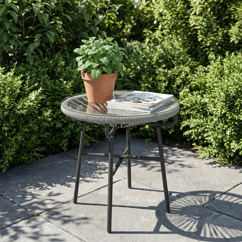 Outsunny Rattan Side Table, Round Outdoor Coffee Table, with Round PE Rattan and Tempered Glass Tabletop, Light Grey