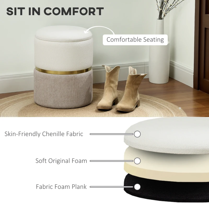 HOMCOM 36cm Round Storage Ottoman, Upholstered Chenille Footstool with Removable Lid, Vanity Stool for Living Room, Bedroom, Cream