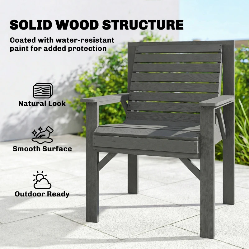 Outsunny Wooden Garden Dining Chair, Outdoor Chair Garden Armchair with Curved Seat and Wide Armrests, Grey Embossed Finish