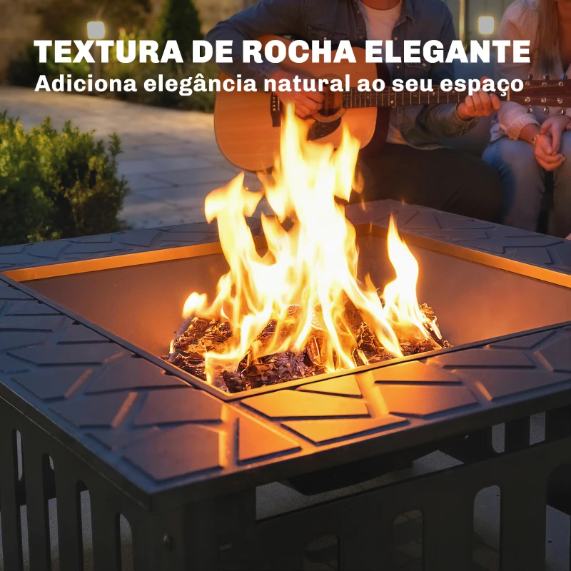 Outsunny Fogareiro Exterior Quadrado em Aço, 67x67x47 cm, com Atiçador e Tampa de Malha, para Festas, Preto