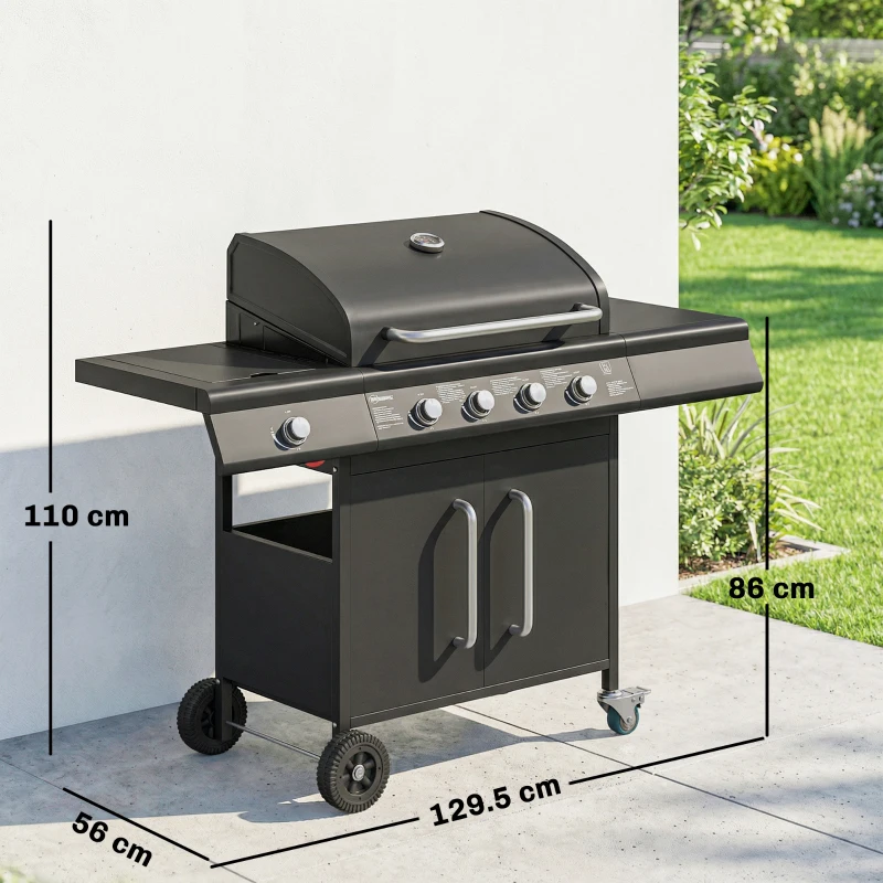 Outsunny 4+1 Burner Gas BBQ Grill with Storage Cabinet, 15.2 kW Gas Barbecue Trolley with Side Table, 4 Wheels, Warming Rack