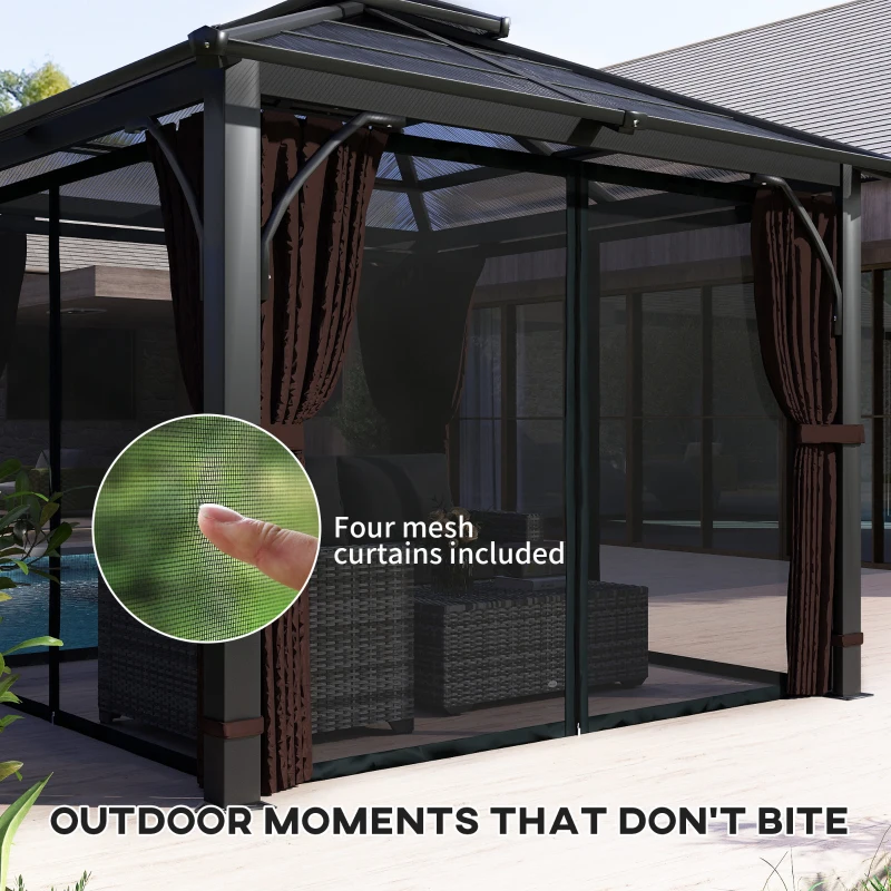 Outsunny 3 x 3(m) Hardtop Gazebo Canopy with 7mm Polycarbonate Double-Tier Roof, Garden Gazebo Permanent Pavilion with Mosquito Netting and Curtains for Patio, Terrace, Brown