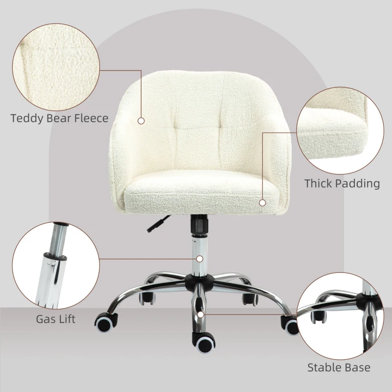 HOMCOM Fotel biurowy do home office, Ergonomiczny fotel obrotowy z funkcją kołysania, Wykończenie w stylu Teddy 56 x 61 x 86 cm Kremowy