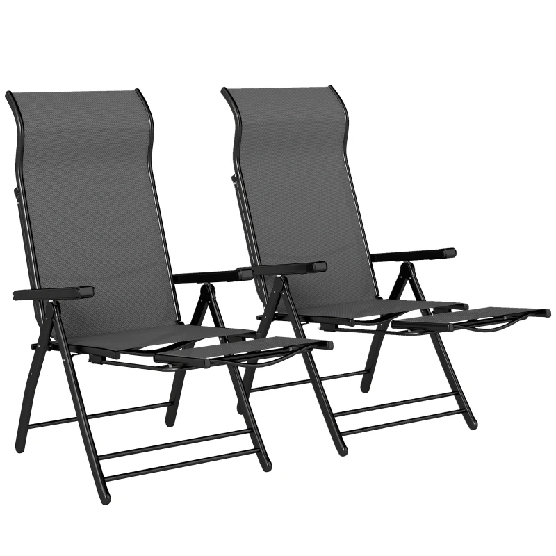 Outsunny Reclining Garden Chairs Set of 2, 5-Position Folding Sun Loungers with High Back, Retractable Footrest, Dark Grey