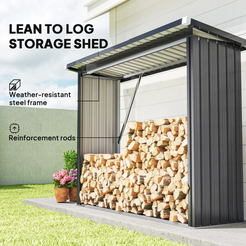 Outsunny Schowek na drewno opałowe, wiata na drewno, stal, podwyższona podstawa, dach pulpitowy, 213 x 66,5 x 150 cm, ciemnoszary