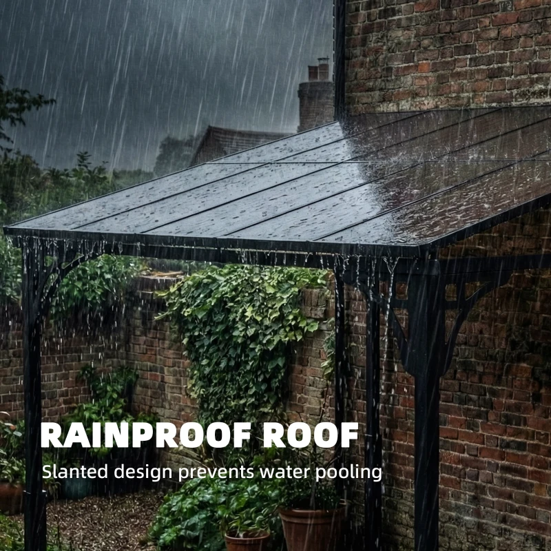 Outsunny 3 x 2.87 m Metal Lean-to Pergola, Wall-Mounted Hardtop Garden Pergola with Polycarbonate Roof and Metal-Aluminium Frame